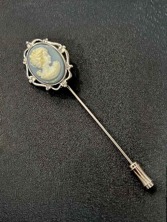 Trifari Jewelry - Trifari Vintage Cameo Hat Pin Brooch Stick Pin Silver Tone Blue White 3 Inch